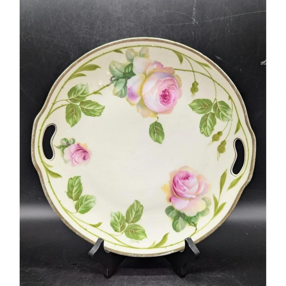 Antique ES Prussia Hand Painted Handled Cake  Serving Plate 11